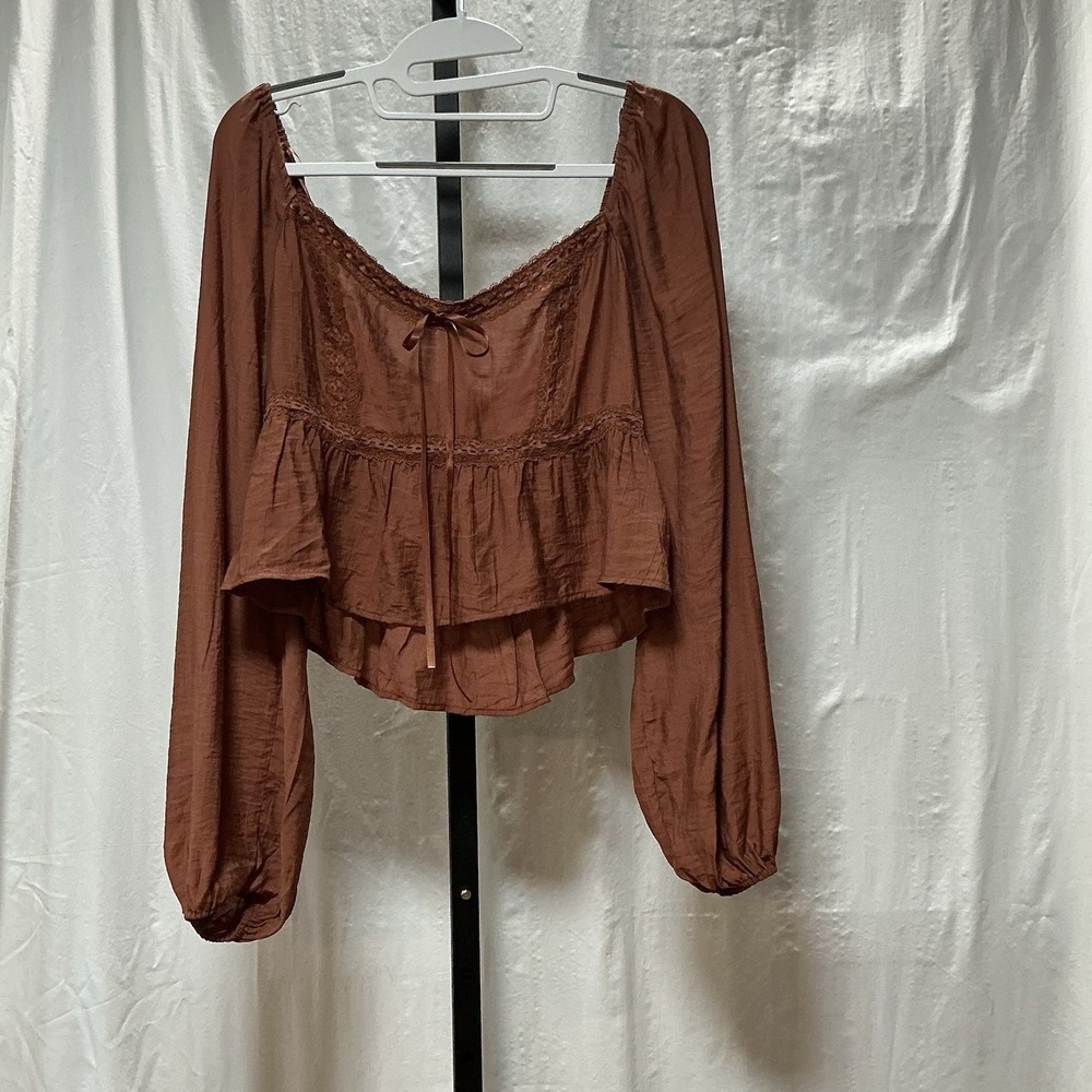 Altar'd State Women's Large Brown Lace Peplum Crop Top Long Sleeve NWT